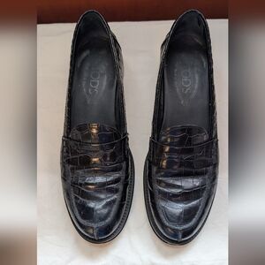 Tod's Black Croc-Embossed Leather Penny Loafers - Size 38.5